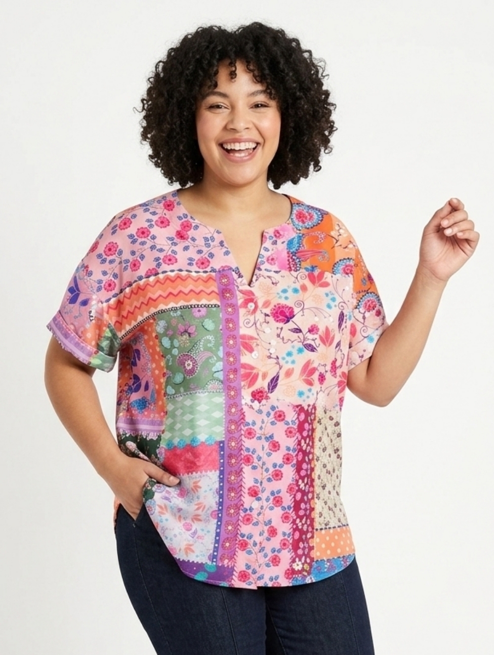 Women's Plus Size Colorful Floral Patchwork Button-Up Blouse